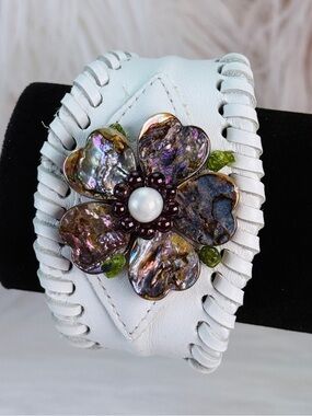 White Wide Cuff Bracelet Iridescent Floral Statement Beaded Boho